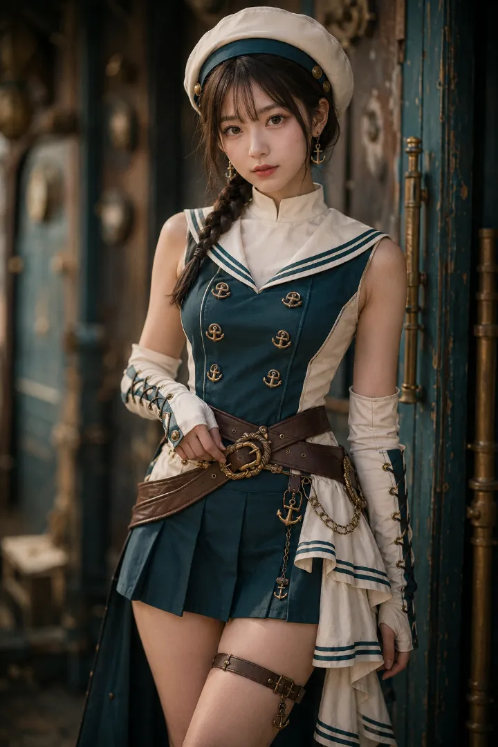 実写AI美女版｜深い青緑のバスチェとプリーツスコート、3段フリルのロングテールを組み合わせたマリンルック