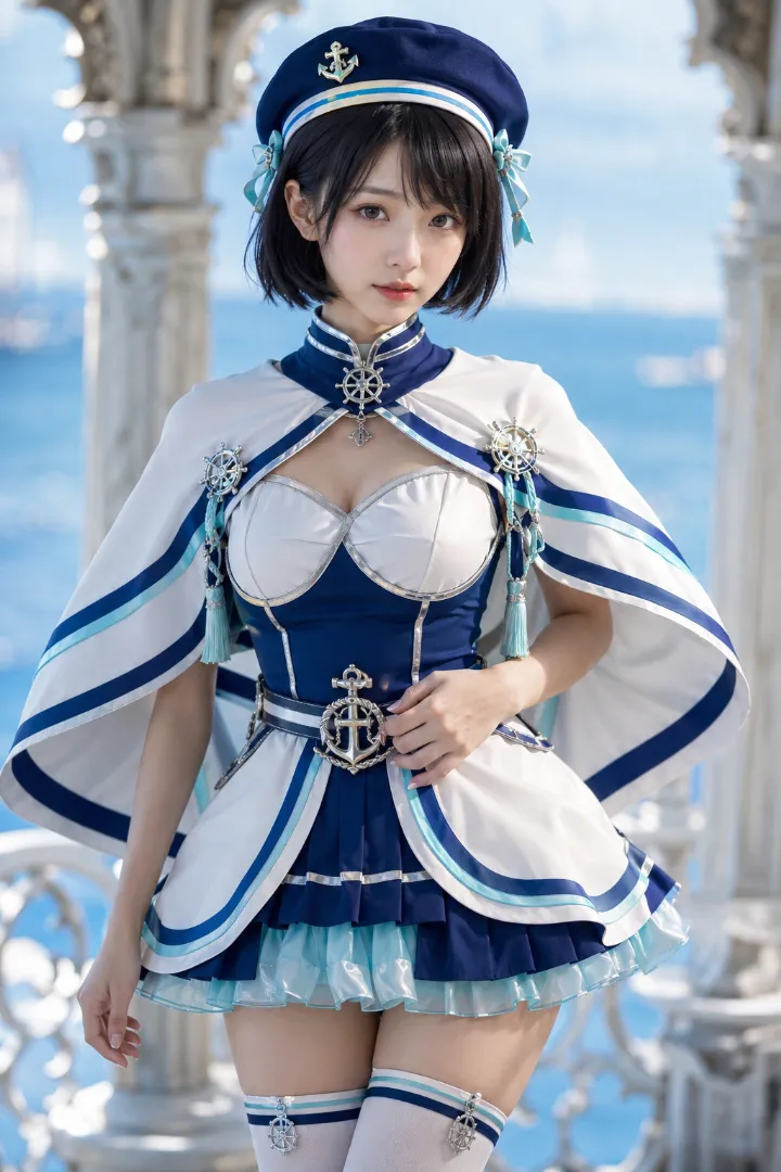 実写AI美女版｜ロイヤルブルーのコルセットボディスを大型の白い円形セーラーケープで包んだマリンルック