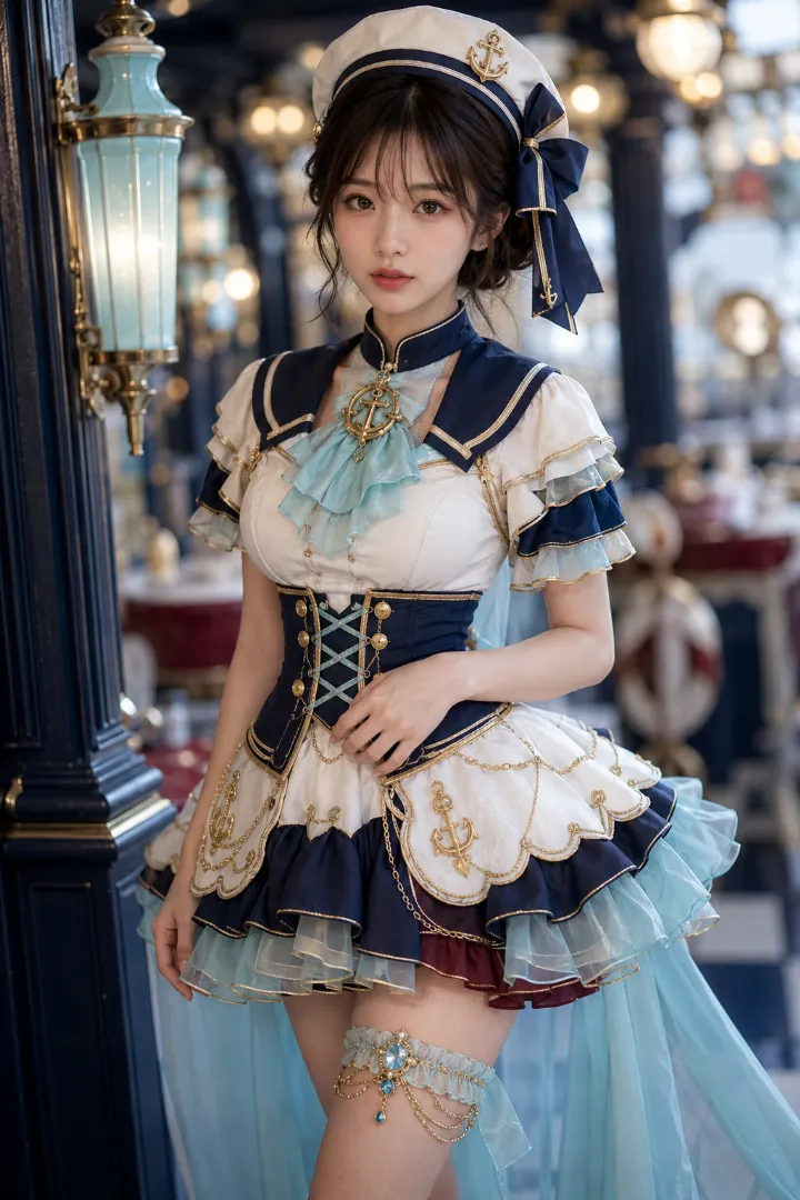 実写AI美女版｜白いボディスと段フリル袖、多層ミニスカートに長い透けドレープを加えたマリンルック