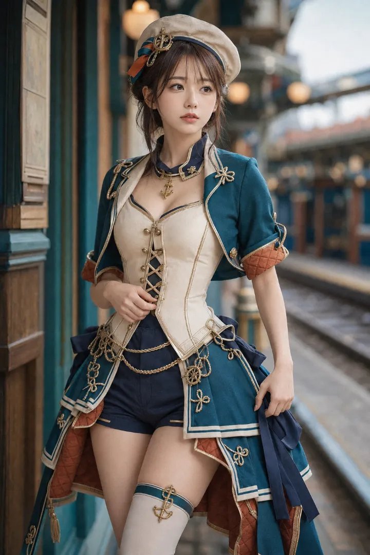 実写AI美女版｜アイボリーのコルセットベストと青緑のショートボレロ、2段ペプラムのマリンルック
