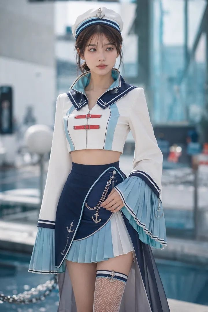 実写AI美女版｜白いクロップドジャケットとロングベルスリーブ、非対称ネイビースコートのマリンルック