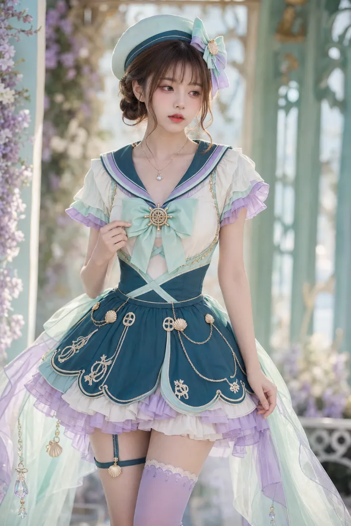実写AI美女版｜アイボリーのボディスと3段フリル袖、丸型パネルを重ねたミント系マリンルック