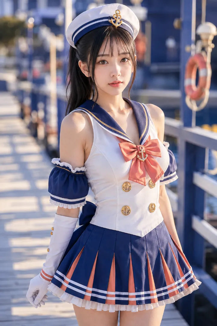 実写AI美女版｜白いダブルブレストベストとコバルトのパフ袖、ナイフプリーツミニのマリンルック