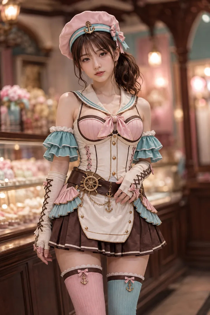 実写AI美女版｜クリームのコルセットボディスと大型フリル袖、エプロン風パネル付きプリーツミニのマリンルック
