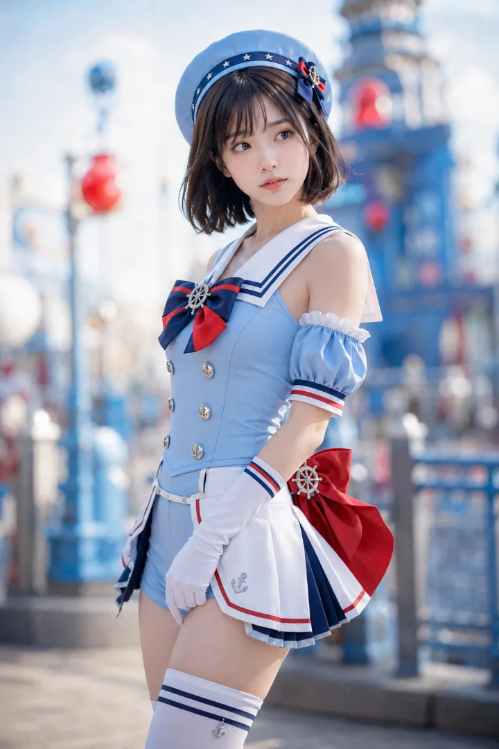 実写AI美女版｜空色のショートセーラーロンパースに白い重ねスカートと赤い後ろリボンを加えたマリンルック