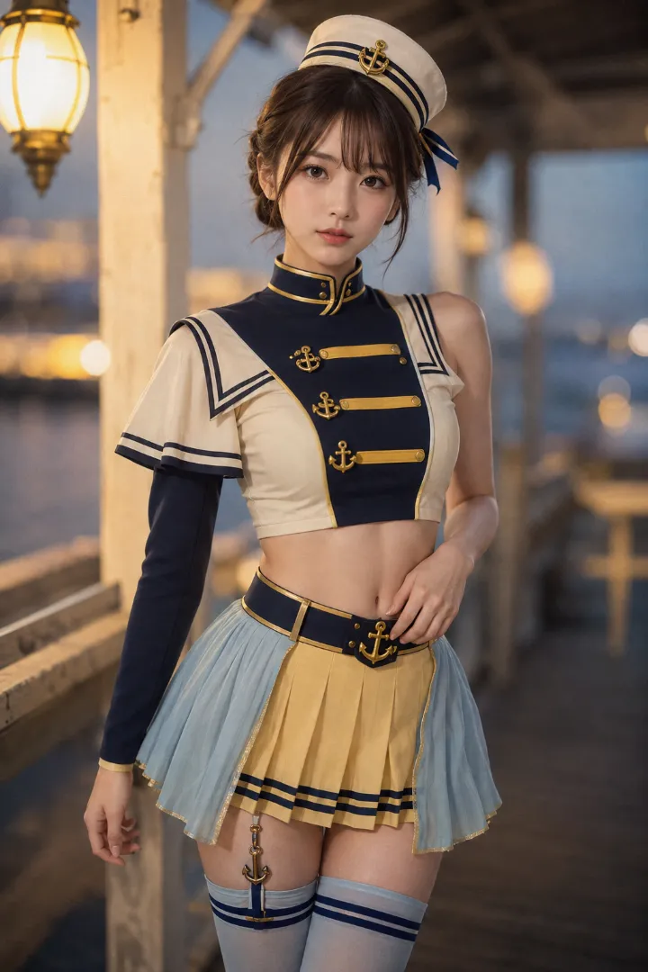 実写AI美女版｜左右非対称のクロップドトップと肩ケープ、レモンイエローのプリーツミニのマリンルック