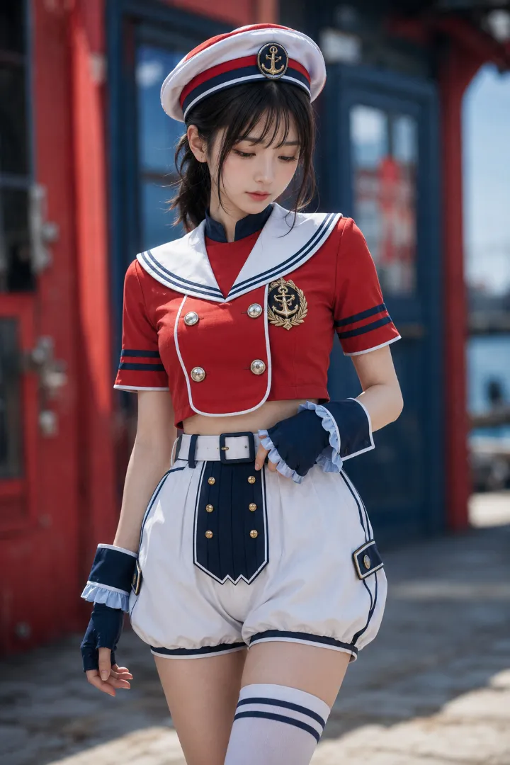 実写AI美女版｜鮮やかな赤のダブルジャケットと白いバルーンショーツを合わせた海軍風マリンルック