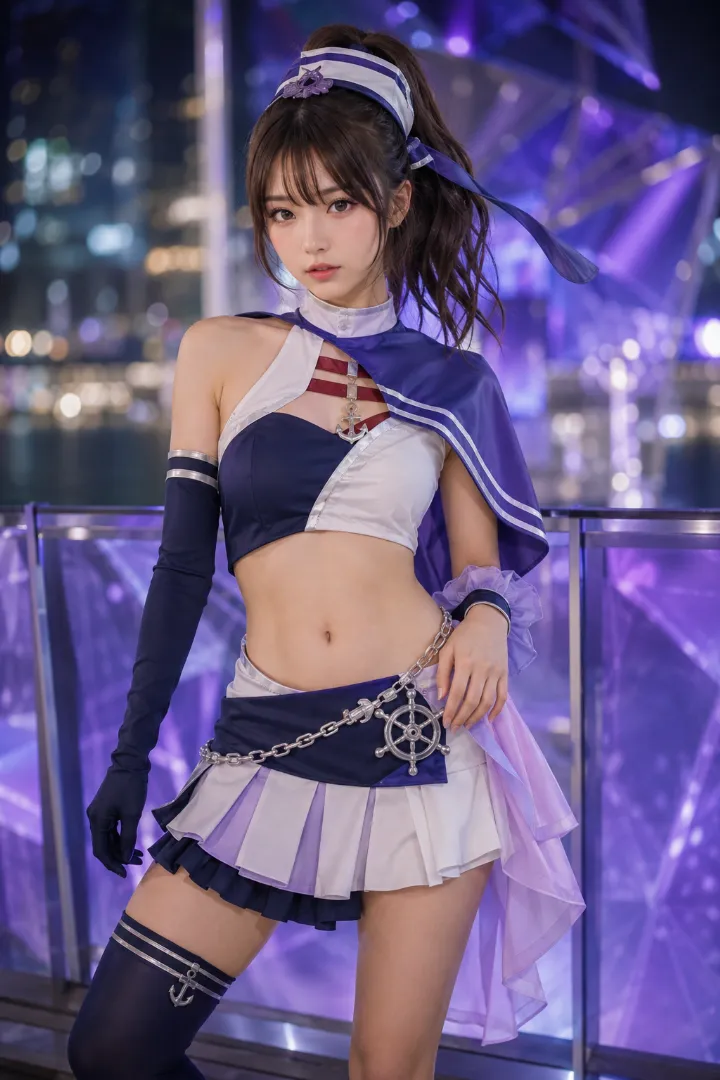 実写AI美女版｜ブルーバイオレットのワンショルダートップと非対称プリーツミニのマリンルック