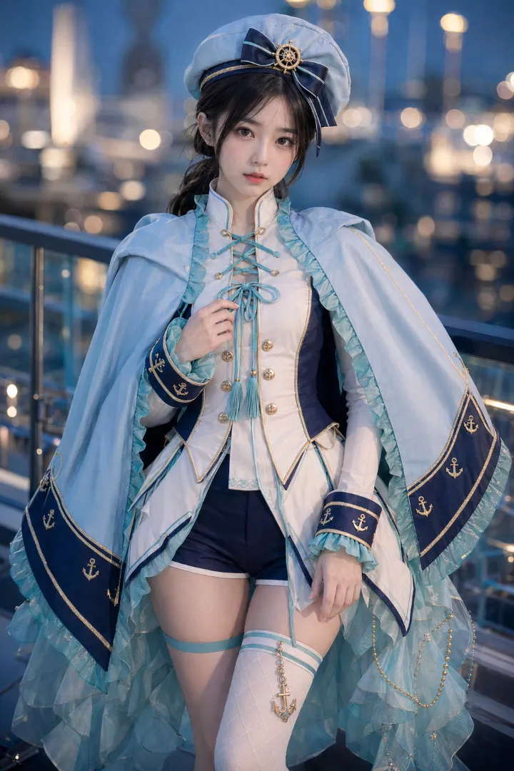 実写AI美女版｜アイスブルーの大型ケープと白いジャケット、ショーツと重ねスカートのマリンルック