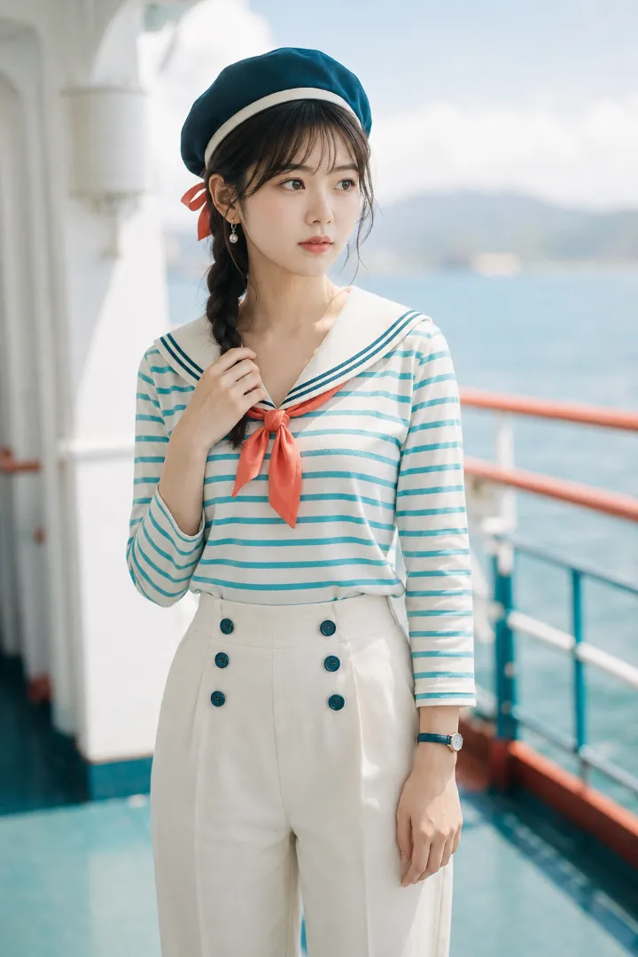 実写AI美女版｜生成りのワイドネックトップと青緑のキュロット、編みコード装飾を組み合わせたマリンルック