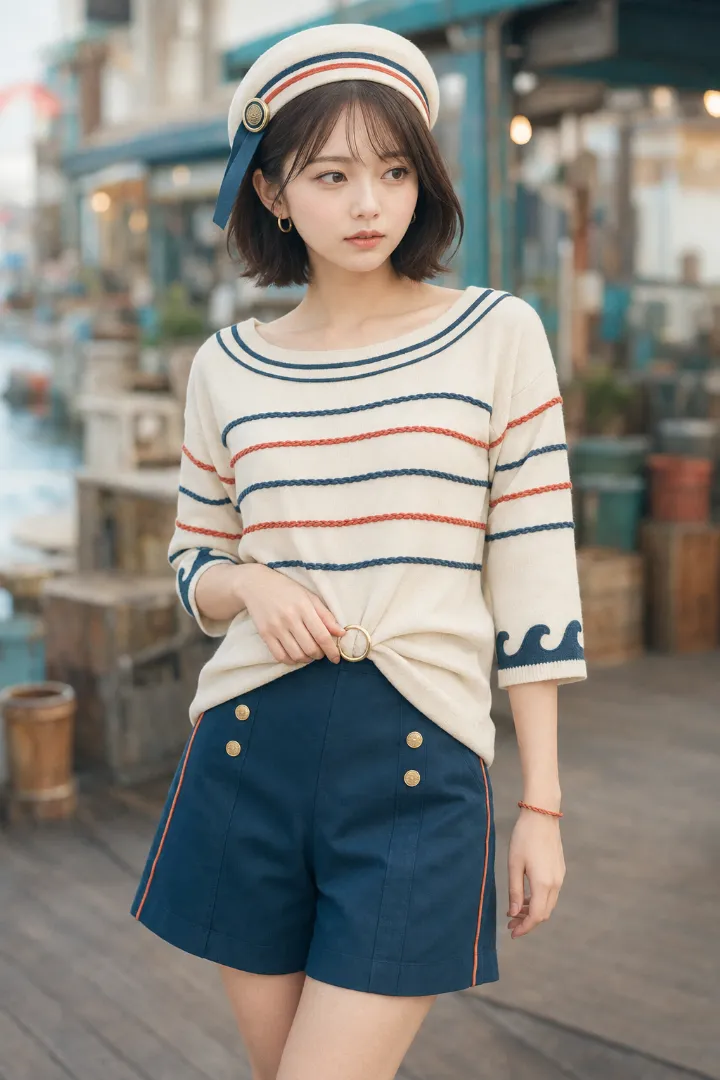 実写AI美女版｜生成りのワイドネックトップと青緑のキュロット、編みコード装飾を組み合わせたマリンルック
