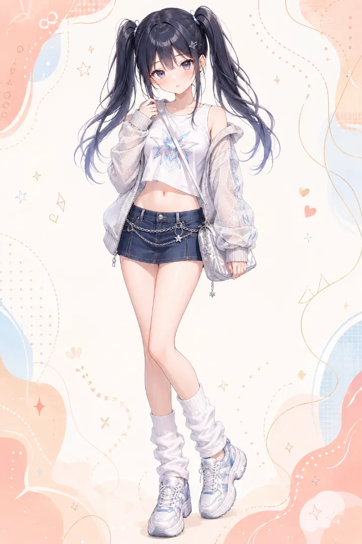 AIイラスト版｜白のY2KロゴTシャツとメッシュパーカー、インディゴデニムの台形マイクロスカートを合わせたコーデ