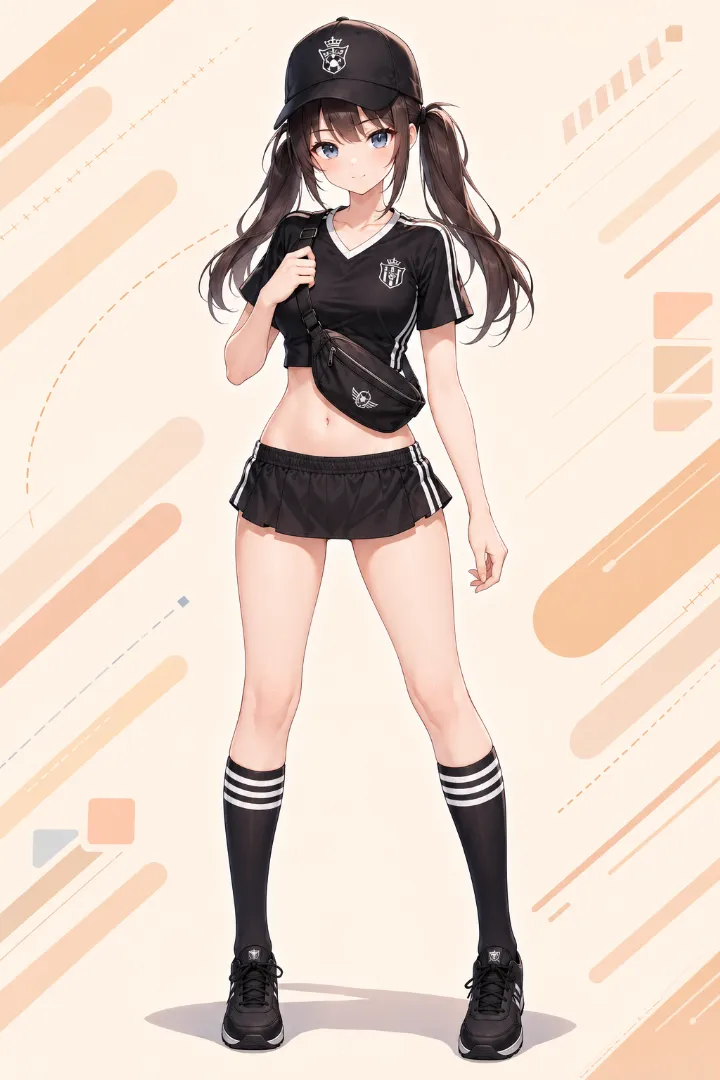 AIイラスト版｜黒のサッカーゲームシャツと白サイドライン入りギャザーマイクロスカートを合わせたスポーツコーデ
