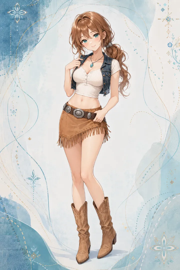 AIイラスト版｜アイボリーのリブTシャツとデニムベスト、キャメルスエードのフリンジマイクロスカートを合わせたコーデ