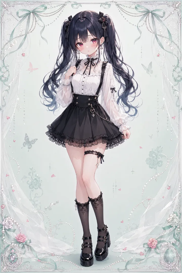 AIイラスト版｜白のシフォンブラウスと黒レースのサスペンダーフレアマイクロスカートを合わせたドールコーデ