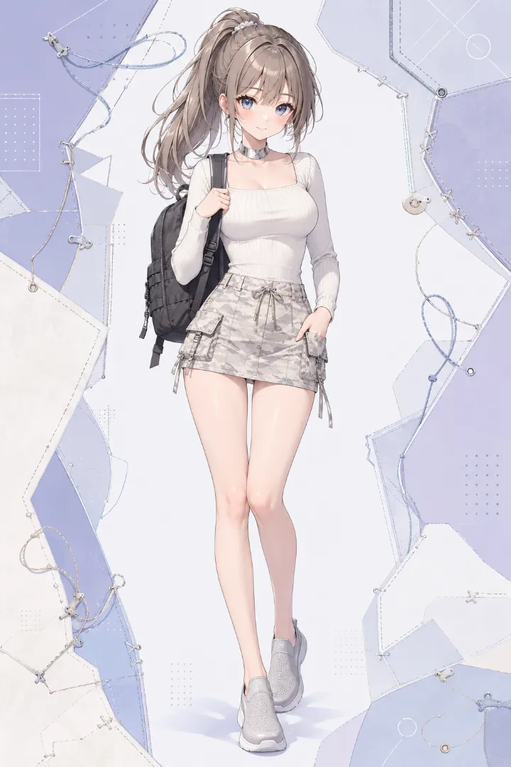 AIイラスト版｜オフホワイトのスクエアネックリブトップとデザートカモ柄カーゴマイクロスカートを合わせたコーデ
