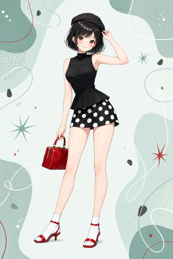 AIイラスト版｜黒のペプラムトップと白黒ポルカドット柄のAラインマイクロスカートを合わせたレトロコーデ