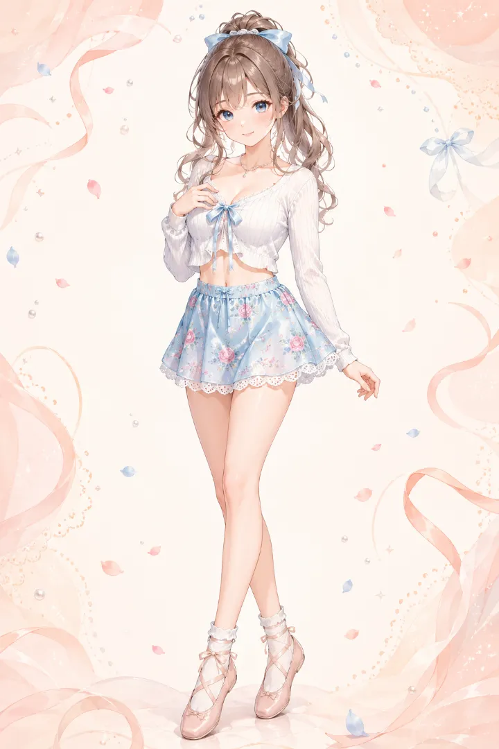AIイラスト版｜白のリボンカーディガンとパウダーブルーの花柄ギャザーマイクロスカートを合わせたバレエコア