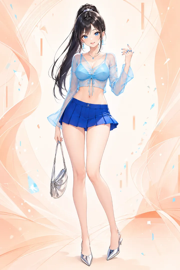 AIイラスト版｜シアンブルーのシアートップとコバルトブルーのプリーツマイクロスカートを合わせたアクアコーデ