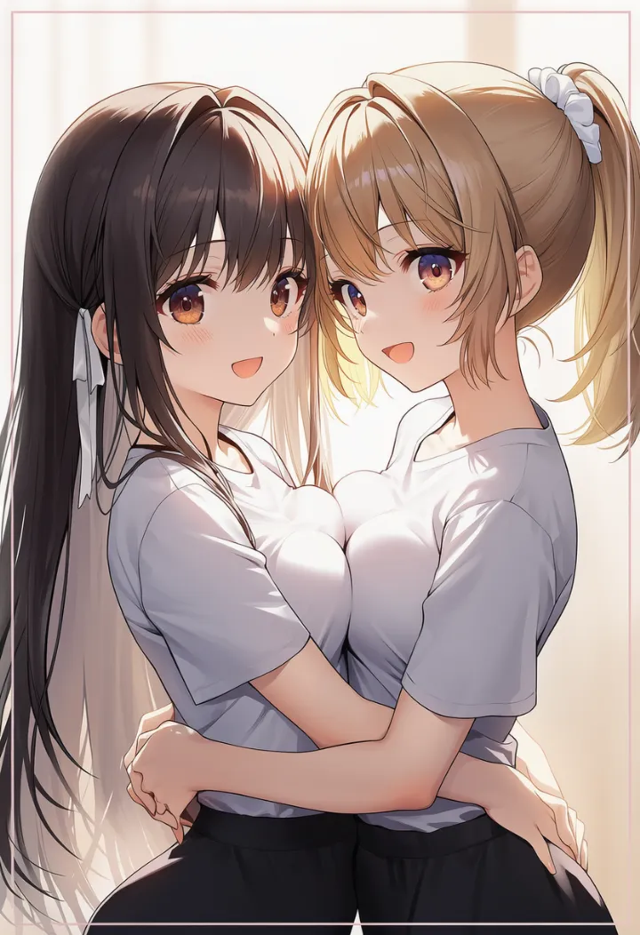 二人の女性が抱き合い胸同士を密着させるあざといポーズ