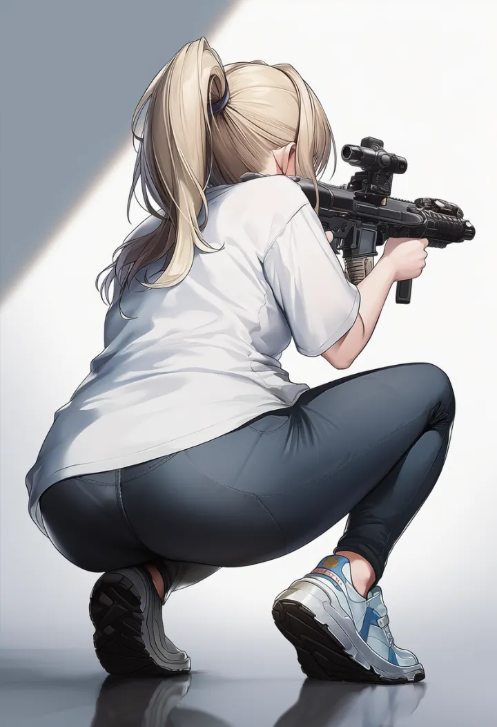『勝利の女神：NIKKE』風のしゃがみ射撃ポーズのAIイラスト
