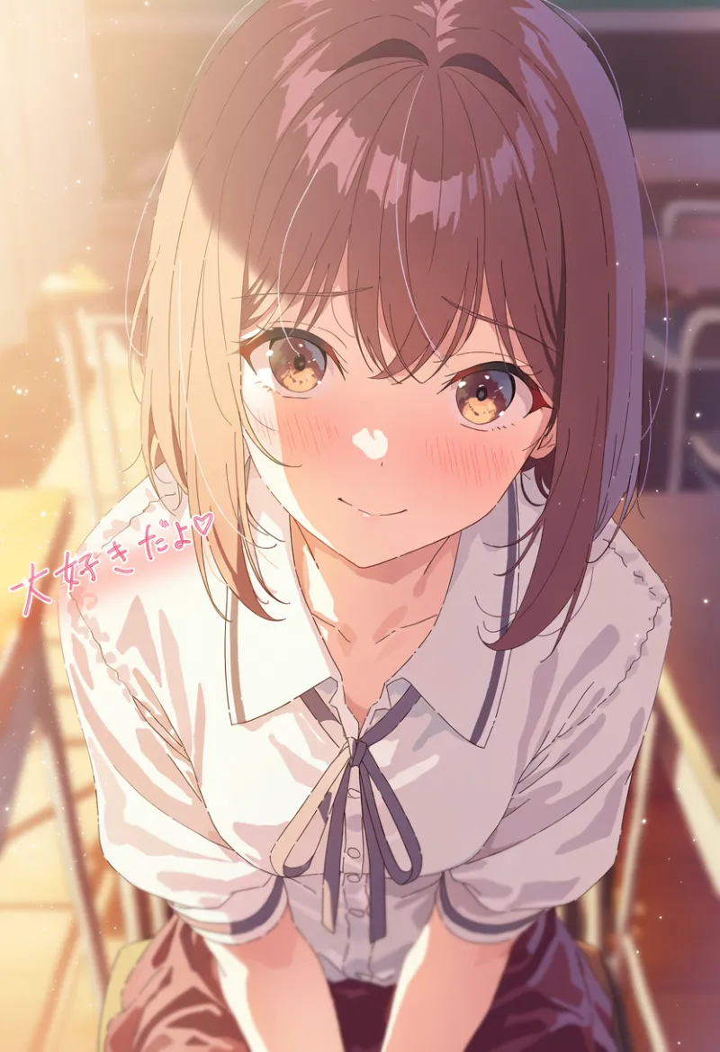 教室で白いシャツ姿の美少女に「大好きだよ♡」の文字を入れたAIイラスト