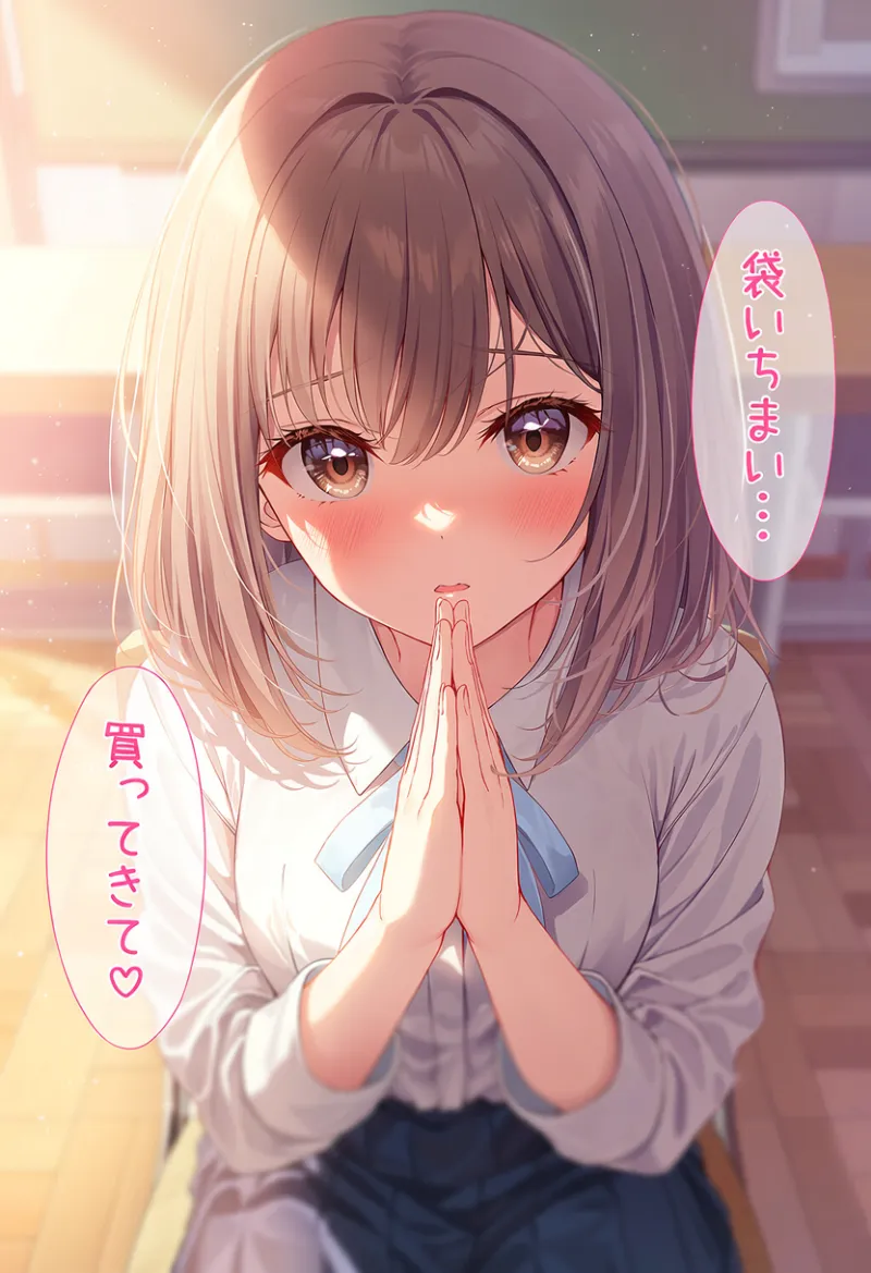 「袋いちまい‥」「買ってきて♡」の複数の文字を入れたAIイラスト