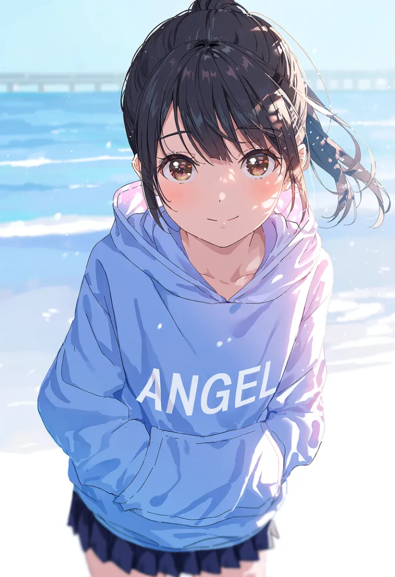 海辺でオーバーサイズのパーカーを着た美少女に「ANGEL」の白文字を入れたAIイラスト