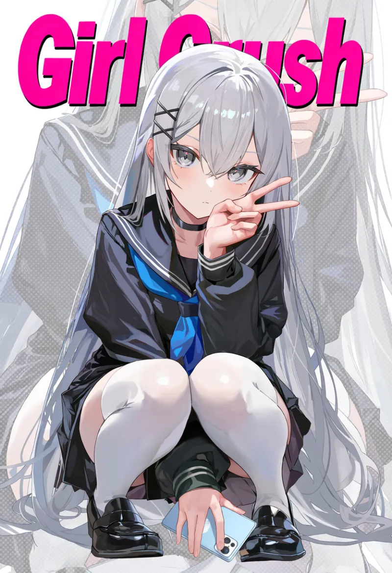 黒い制服姿でしゃがむ美少女の画面上部に「Girl Crush」のタイトルを入れたAIイラスト
