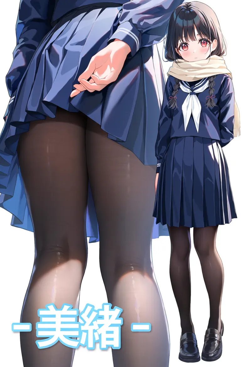 制服姿で立つ美少女の画面左下に「- 美緒 -」とキャラクター名を入れたAIイラスト