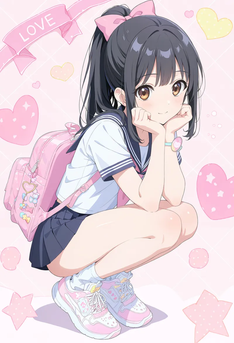 セーラー服姿でしゃがむ美少女の上部に「LOVE」のリボンバナーを入れたAIイラスト