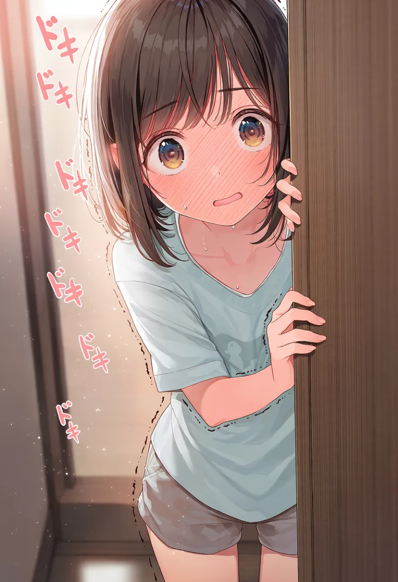 室内でドアの陰に隠れる美少女の周囲に「ドキ」のオノマトペを入れたAIイラスト