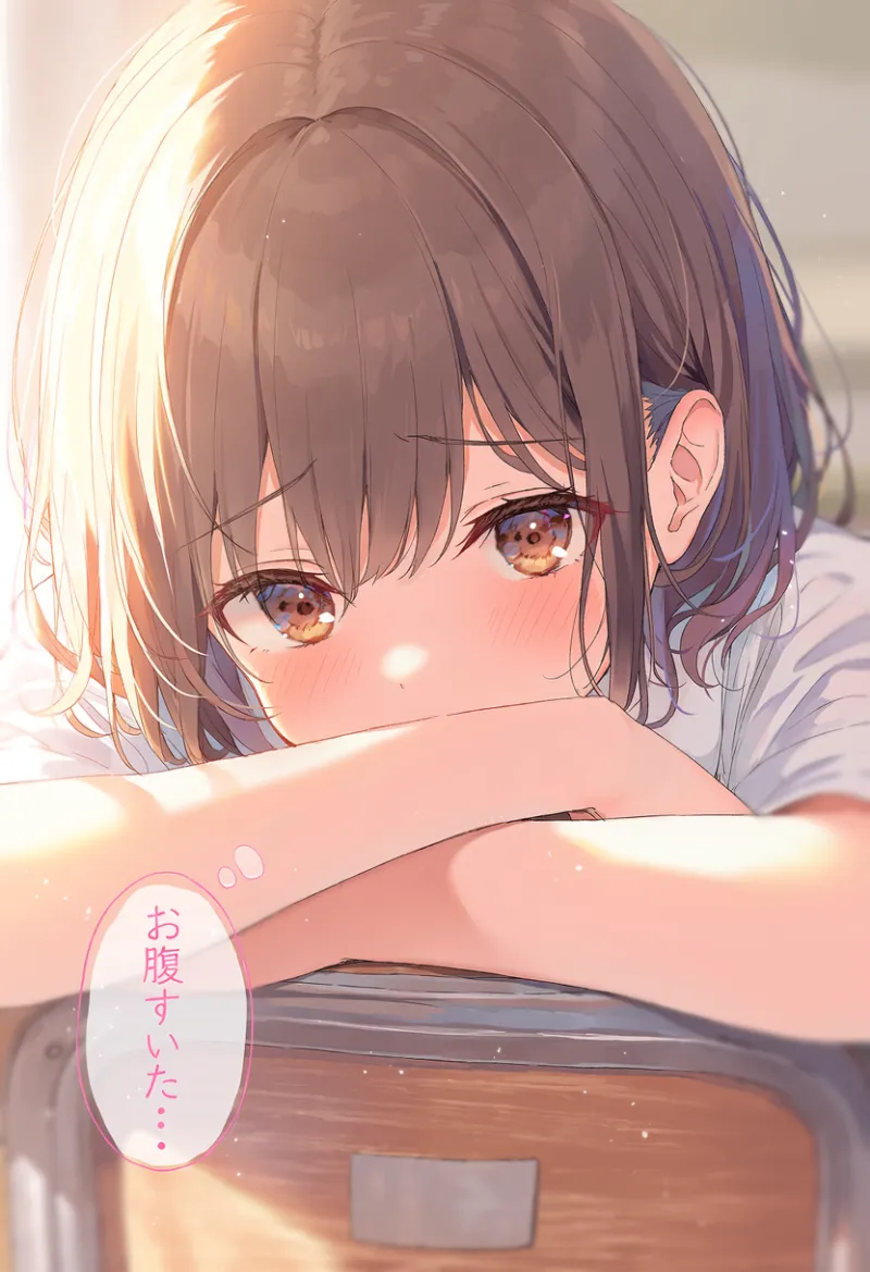 教室で椅子に座る美少女に「お腹すいた‥」の思考の吹き出しを入れたAIイラスト