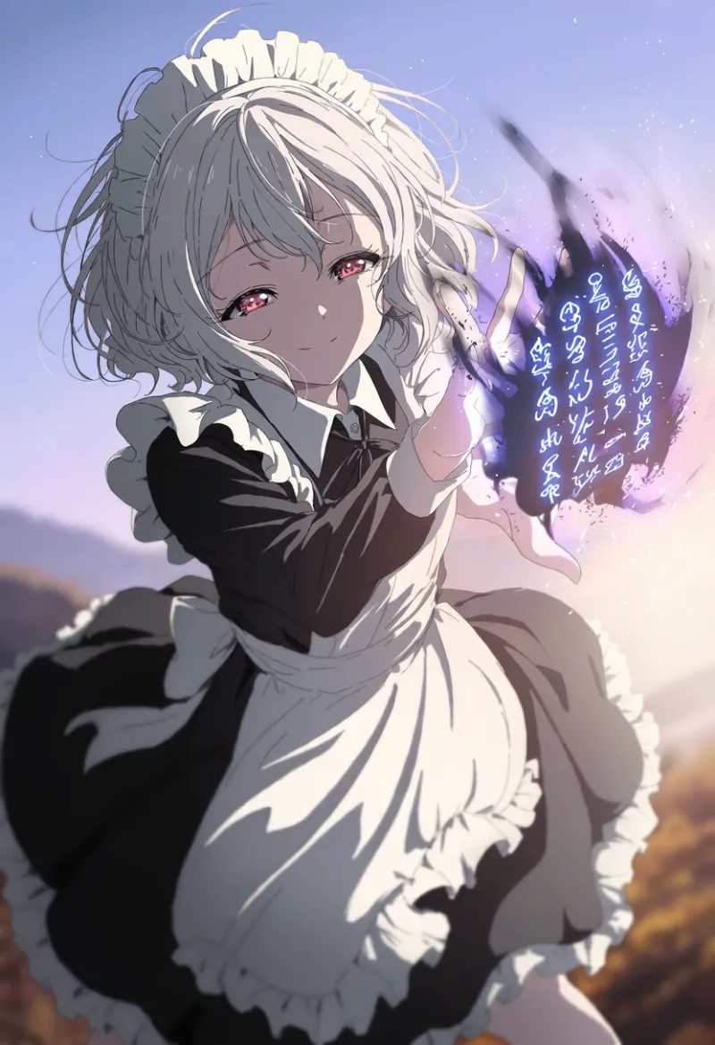 夜明けの戦場で魔法を唱えるメイド姿の少女と発光する架空の象形文字を描いたAIイラスト