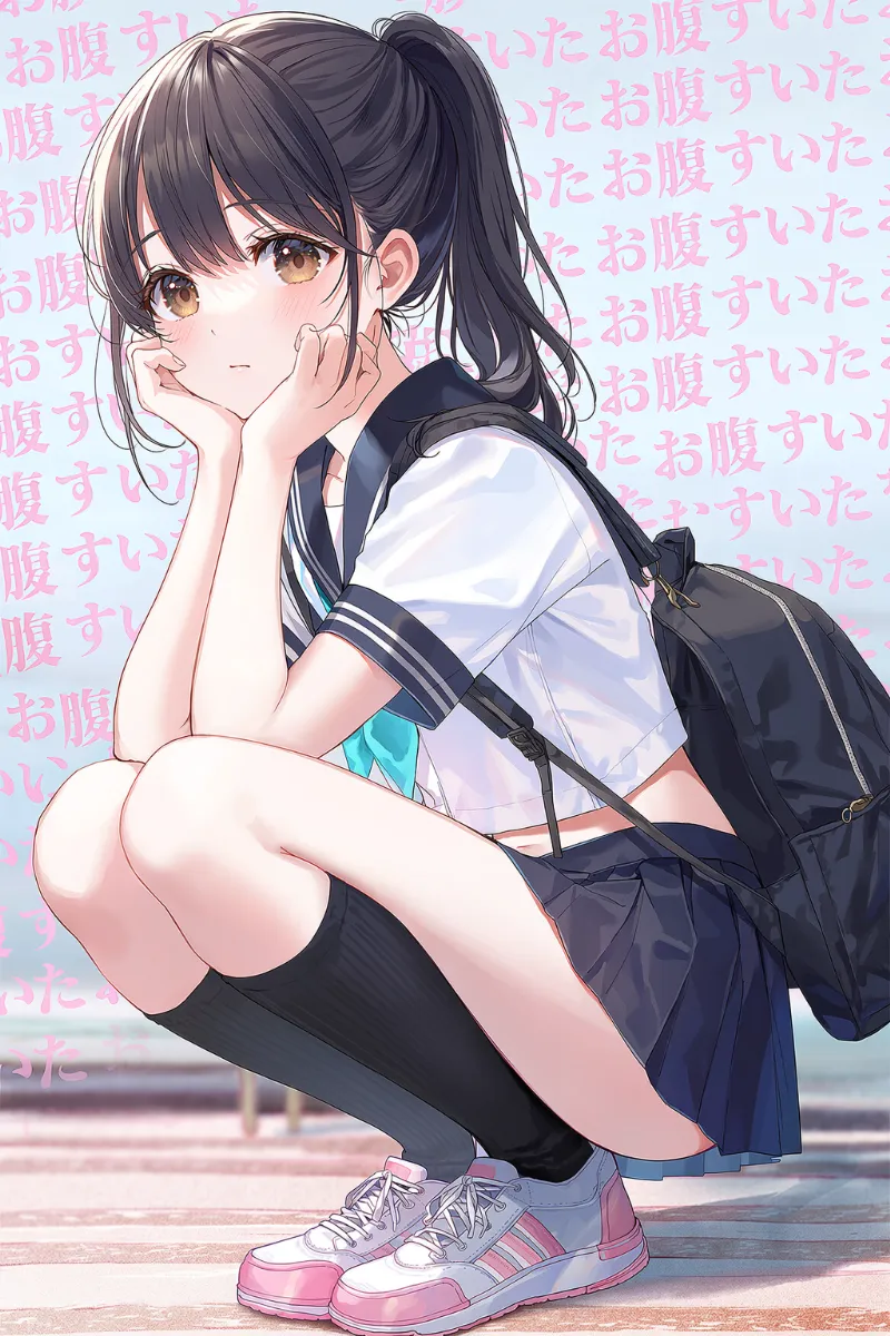 セーラー服姿でしゃがむ美少女の背景に「お腹すいた」の文字を繰り返したAIイラスト