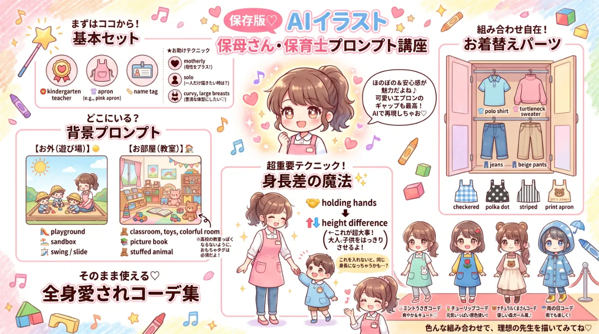保母さん（保育士）のプロンプト集（服装・背景）まとめ用の図解イラスト（グラレコ）