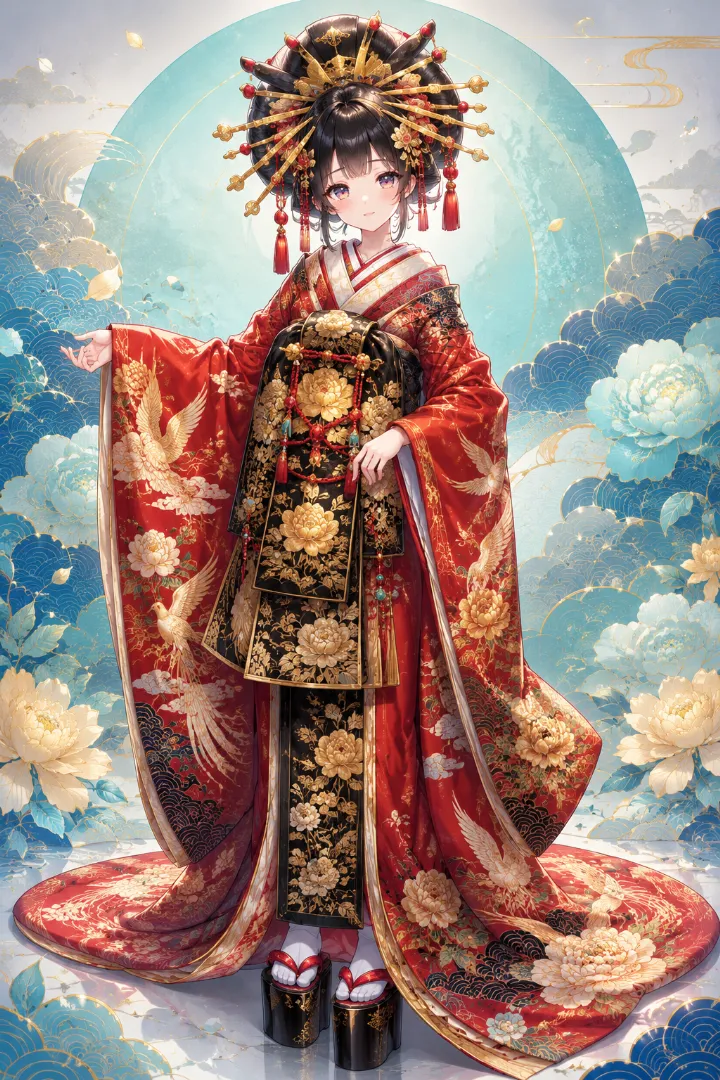 AIイラスト版｜朱色のロング着物と黒金の幅広い帯を合わせた王道花魁コーデ