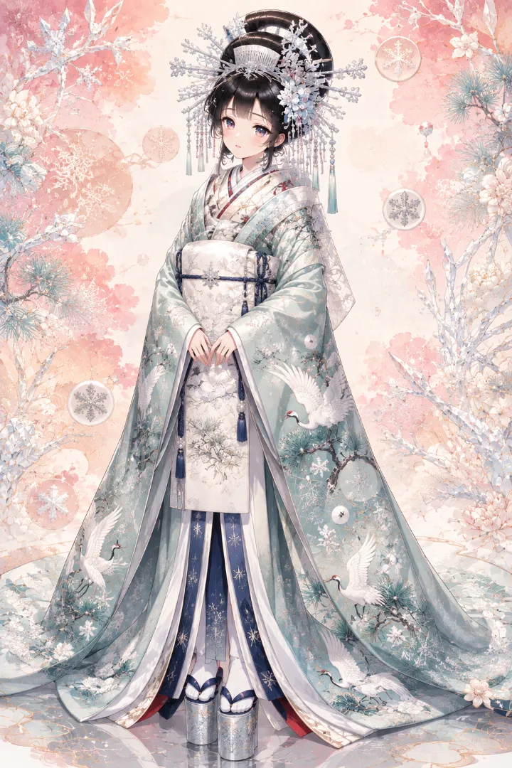 AIイラスト版｜雪白と青磁のロング着物に銀白の帯を合わせた雪模様の花魁コーデ