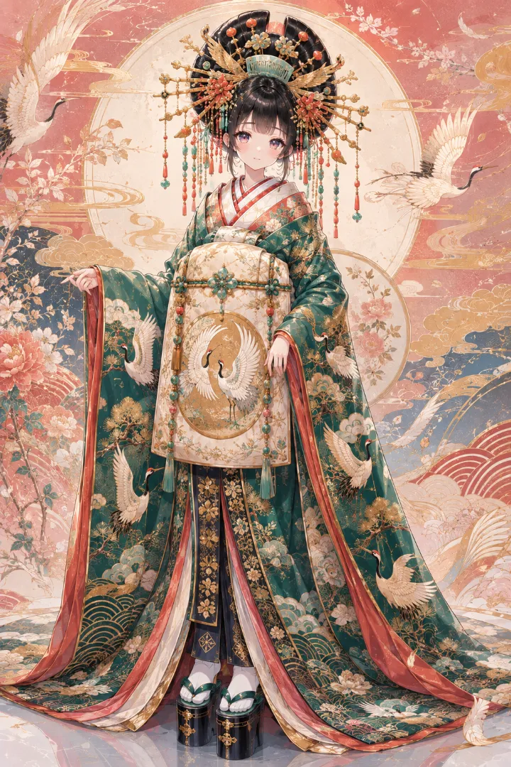 AIイラスト版｜翡翠色のロング着物と生成りの帯を合わせた鶴模様の花魁コーデ