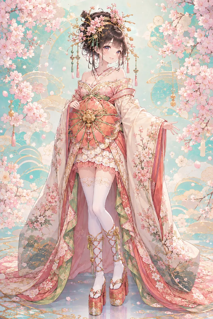 AIイラスト版｜桜色の前短後長ドレスとクリーム色の大袖を合わせた花魁コーデ