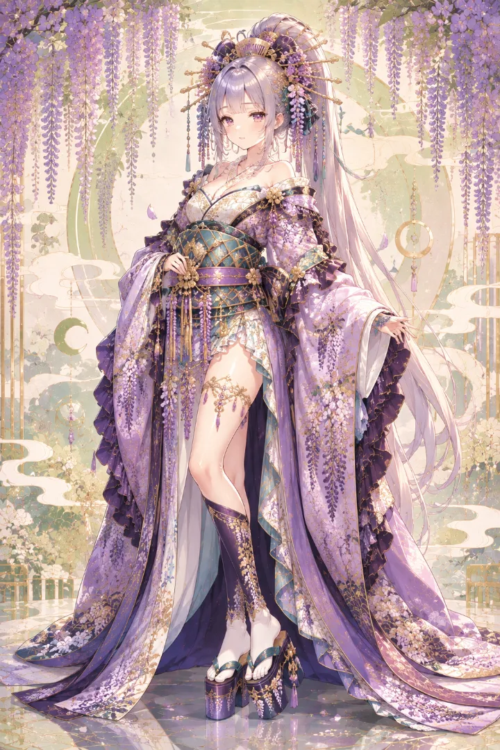 AIイラスト版｜藤紫のロング着物と青緑の幅広い帯を合わせた藤模様の花魁コーデ