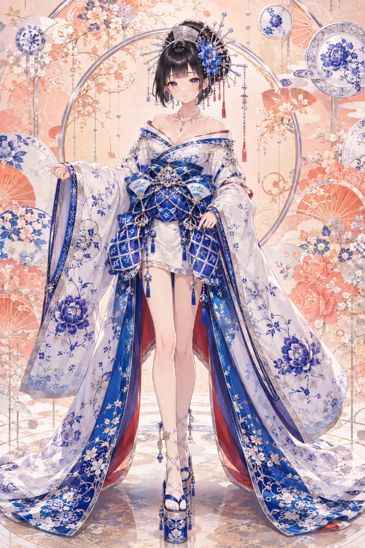 AIイラスト版｜白と青の短丈衣装に青い立体帯を合わせた磁器風花魁コーデ