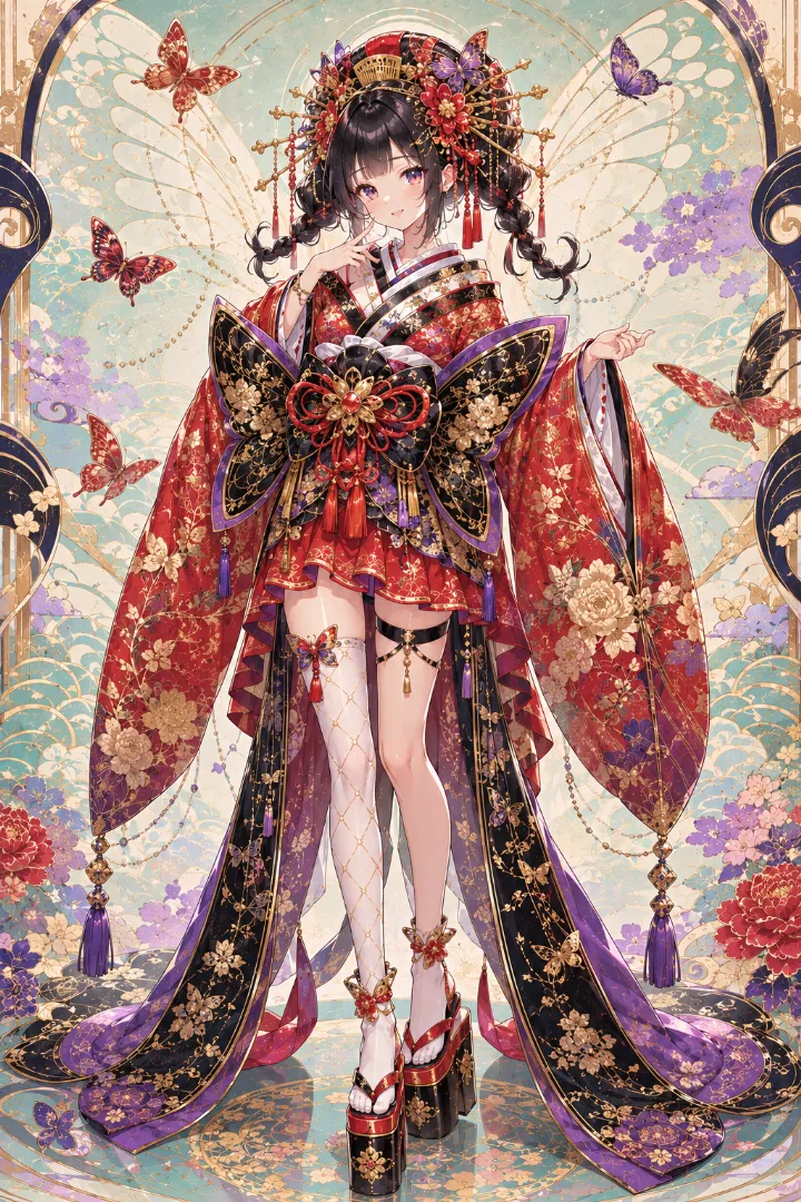 AIイラスト版｜緋色のミニ着物と黒金の幅広い帯を合わせた蝶模様の花魁コーデ