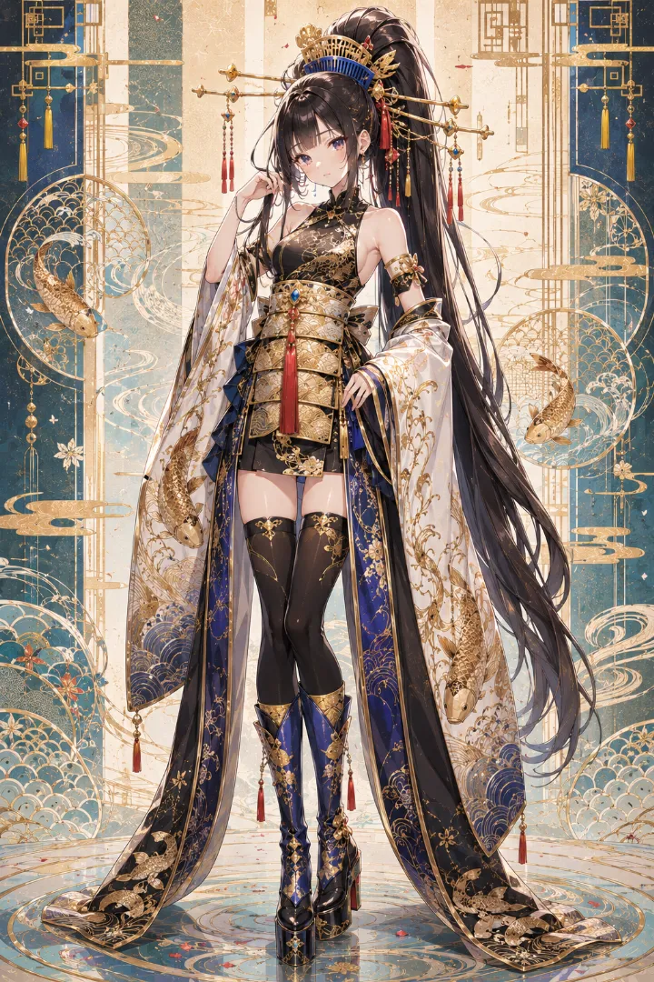 AIイラスト版｜黒の細身衣装と金の分離袖を合わせた鯉模様の花魁コーデ