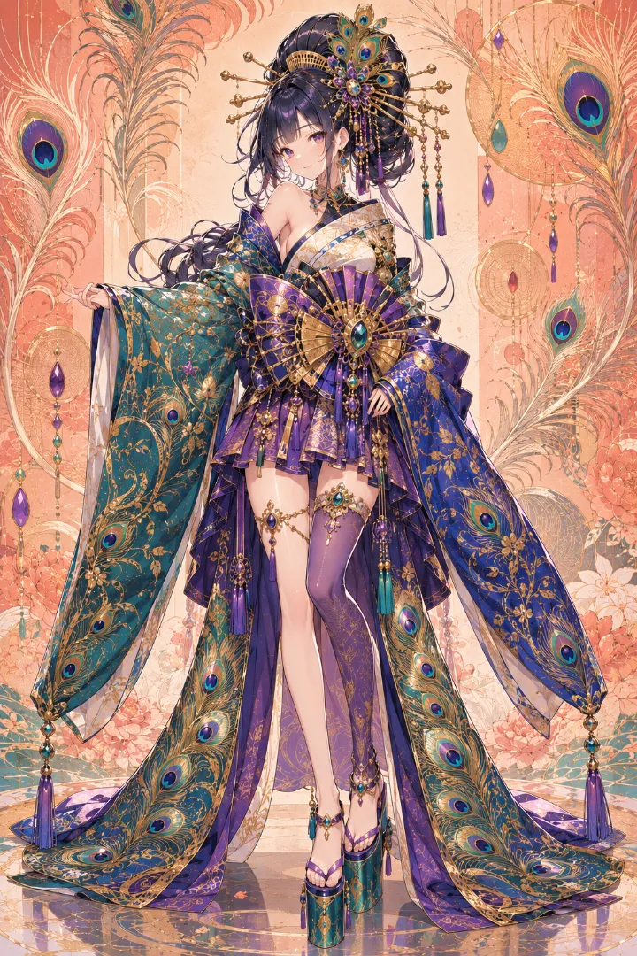 AIイラスト版｜青緑の短丈衣装と紫金の扇形帯を合わせた孔雀モチーフの花魁コーデ