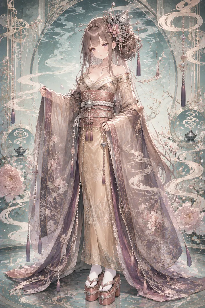 AIイラスト版｜薄金のロング着物に透ける長袖とくすみ桃の帯を合わせた花魁コーデ