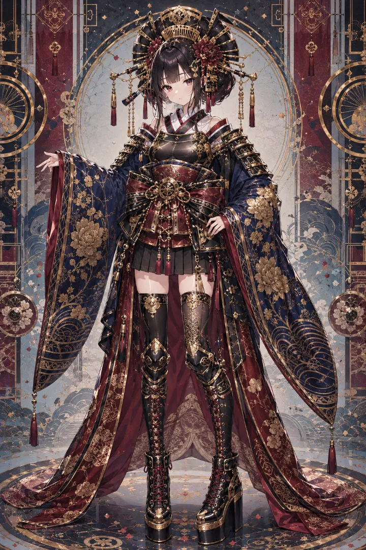 AIイラスト版｜黒い甲冑風上衣と紺の大袖を合わせた武装花魁コーデ