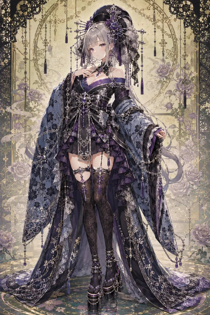 AIイラスト版｜黒紫の短丈衣装と黒コルセットを合わせたゴシック花魁コーデ