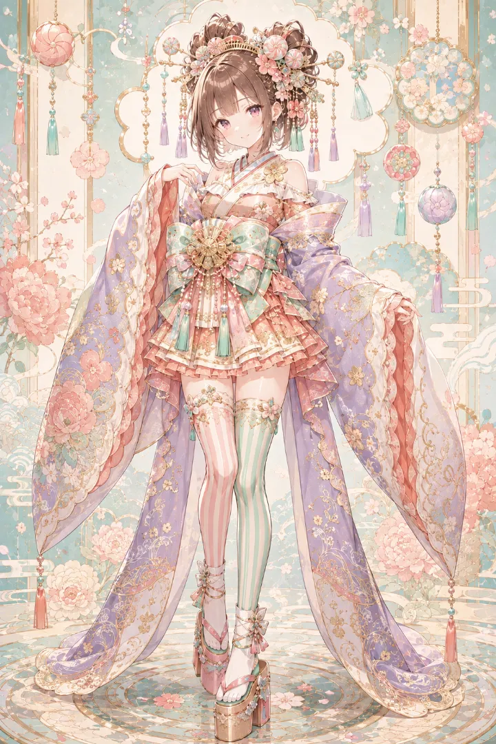 AIイラスト版｜桃色のミニ着物とパステルカラーの帯を合わせた花魁コーデ