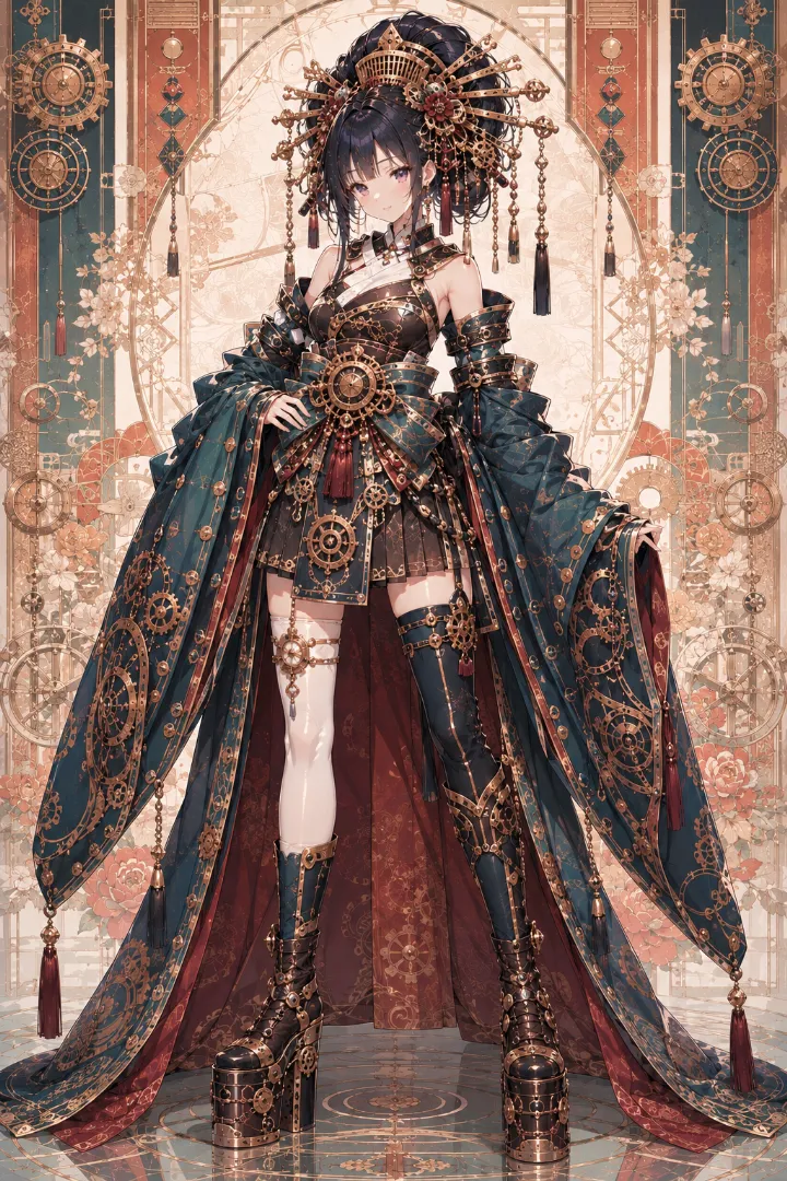 AIイラスト版｜深青緑の衣装に銅の帯と歯車装飾を合わせた機巧花魁コーデ